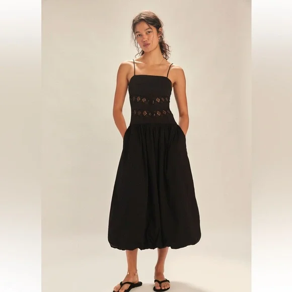 Free People Starheart Crochet Inset Waist Bubble Hem Midi Dress - Picture 3 of 7